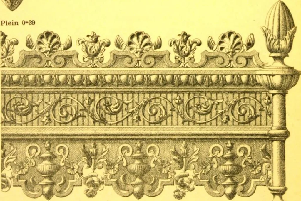 An illustration from Ornements pour l'architecture en zinc, cuivre, tole & plomb : travaux d'art sur dessins croquis & devis., 1912, leaf 332