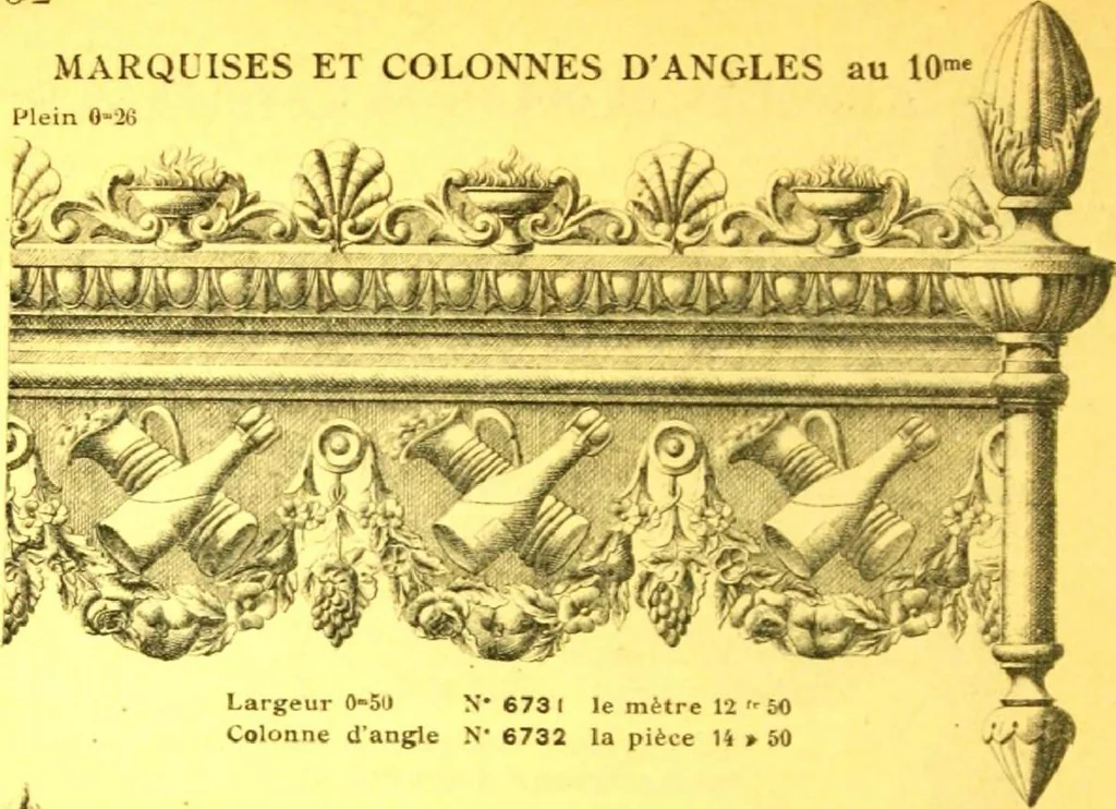 An illustration from Ornements pour l'architecture en zinc, cuivre, tole & plomb : travaux d'art sur dessins croquis & devis., 1912, leaf 333