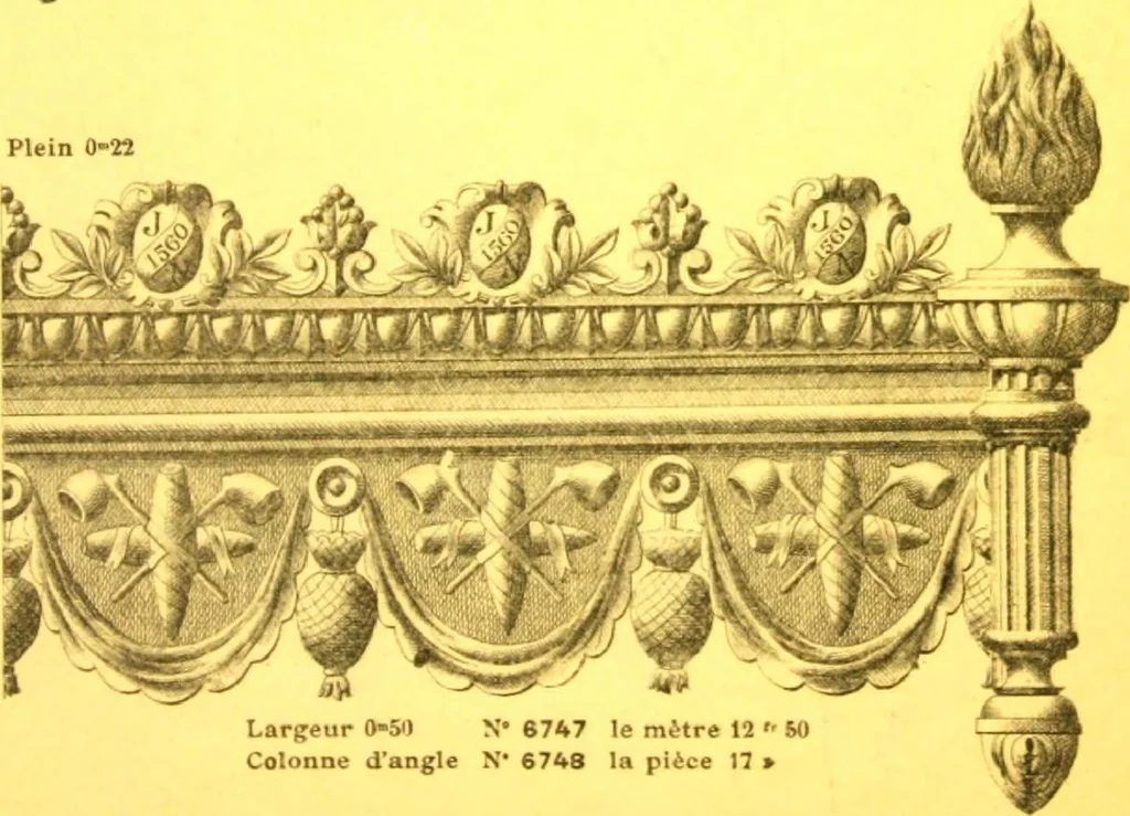 An illustration from Ornements pour l'architecture en zinc, cuivre, tole & plomb : travaux d'art sur dessins croquis & devis., 1912, leaf 336