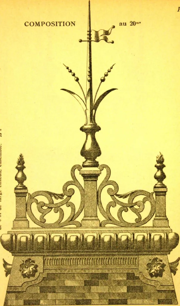 An illustration from Ornements pour l'architecture en zinc, cuivre, tole & plomb : travaux d'art sur dessins croquis & devis., 1912, leaf 44
