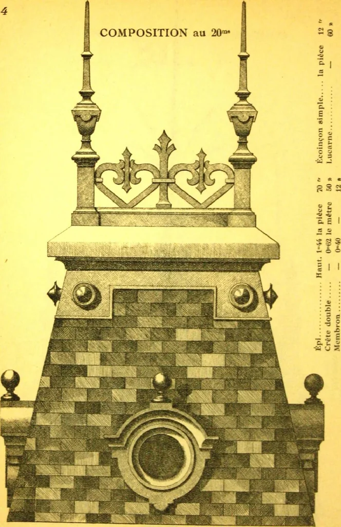 An illustration from Ornements pour l'architecture en zinc, cuivre, tole & plomb : travaux d'art sur dessins croquis & devis., 1912, leaf 45