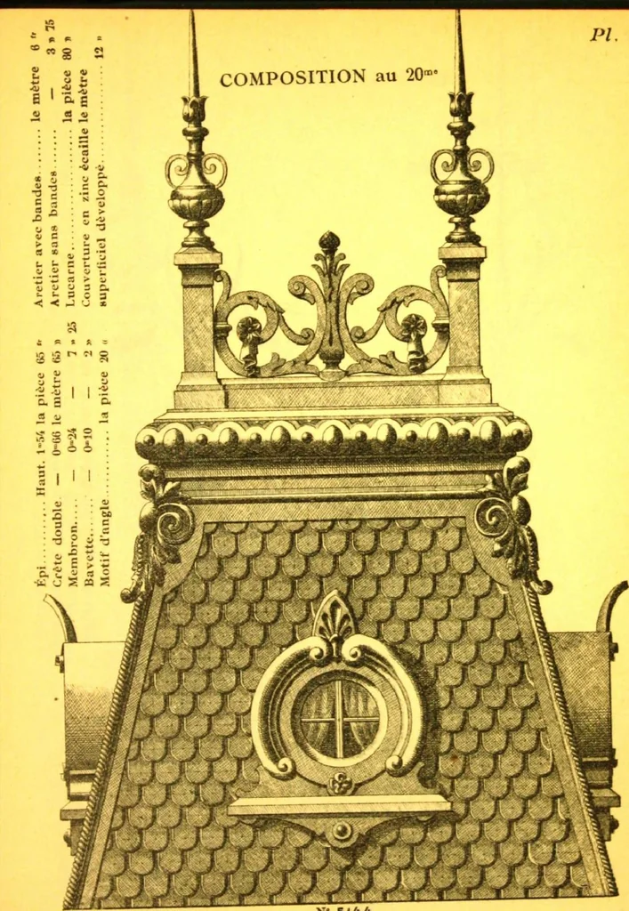 An illustration from Ornements pour l'architecture en zinc, cuivre, tole & plomb : travaux d'art sur dessins croquis & devis., 1912, leaf 46