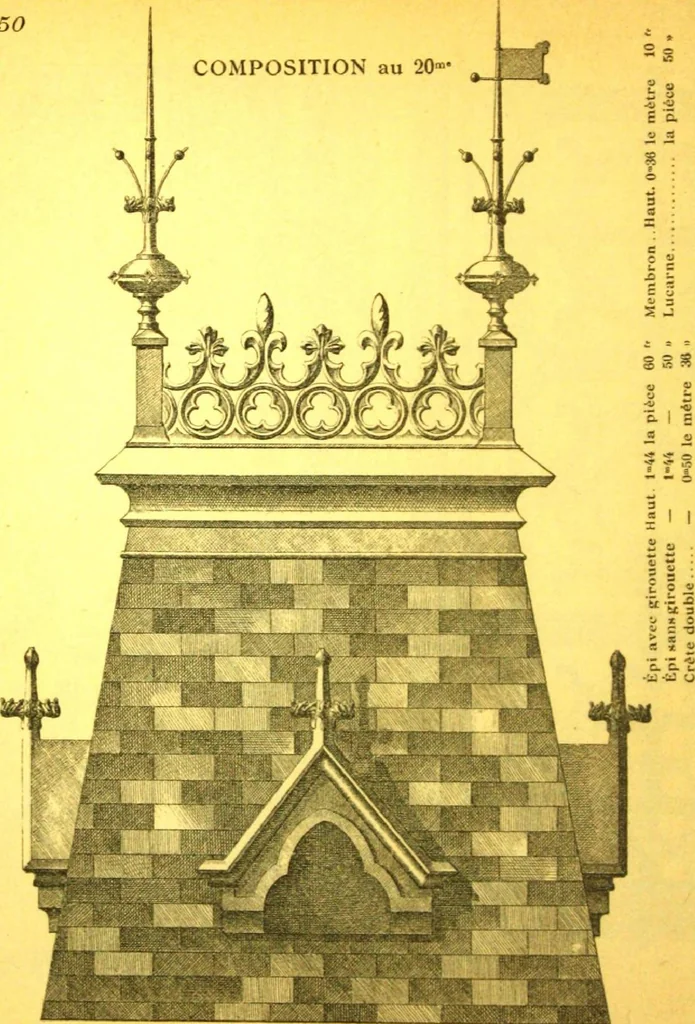 An illustration from Ornements pour l'architecture en zinc, cuivre, tole & plomb : travaux d'art sur dessins croquis & devis., 1912, leaf 51
