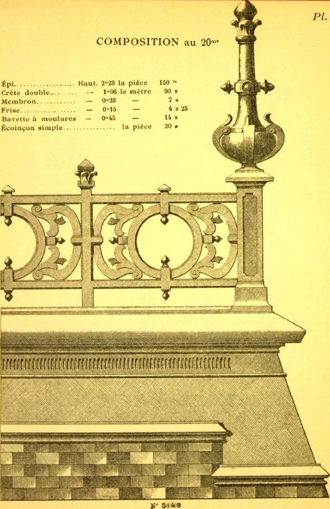 An illustration from Ornements pour l'architecture en zinc, cuivre, tole & plomb : travaux d'art sur dessins croquis & devis., 1912, leaf 52
