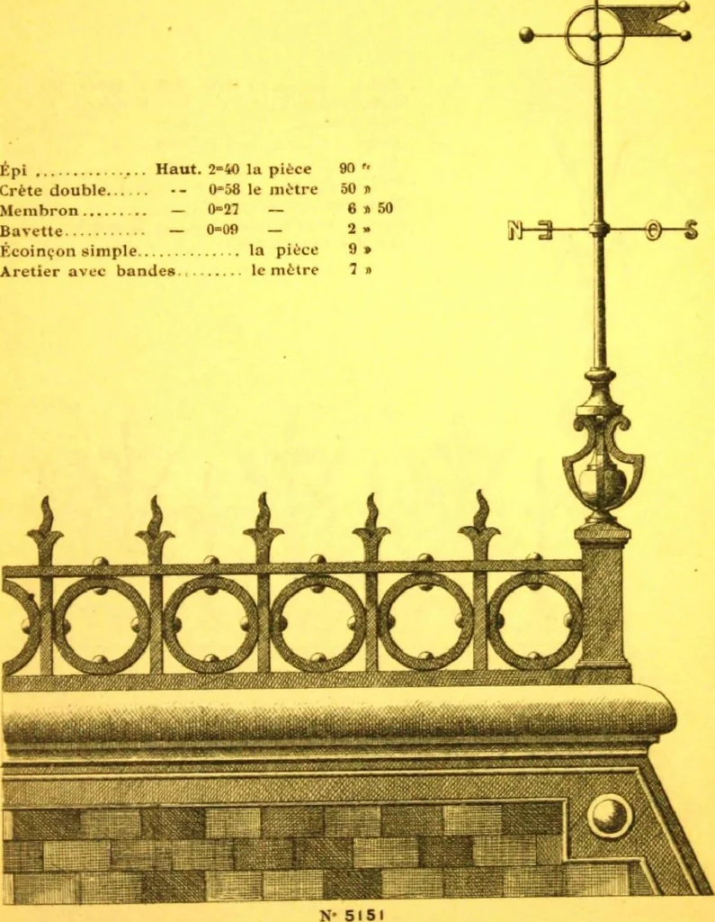 An illustration from Ornements pour l'architecture en zinc, cuivre, tole & plomb : travaux d'art sur dessins croquis & devis., 1912, leaf 54