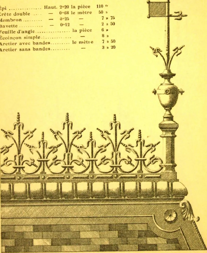 An illustration from Ornements pour l'architecture en zinc, cuivre, tole & plomb : travaux d'art sur dessins croquis & devis., 1912, leaf 56