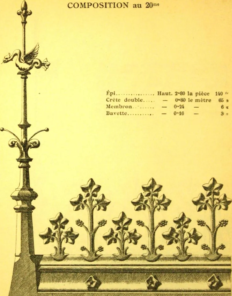 An illustration from Ornements pour l'architecture en zinc, cuivre, tole & plomb : travaux d'art sur dessins croquis & devis., 1912, leaf 57