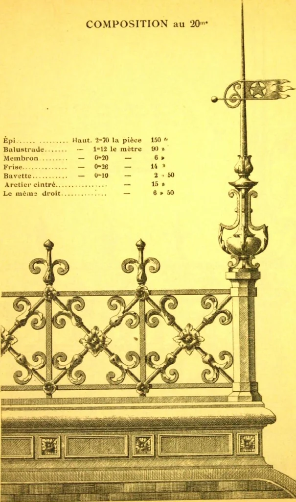 An illustration from Ornements pour l'architecture en zinc, cuivre, tole & plomb : travaux d'art sur dessins croquis & devis., 1912, leaf 60