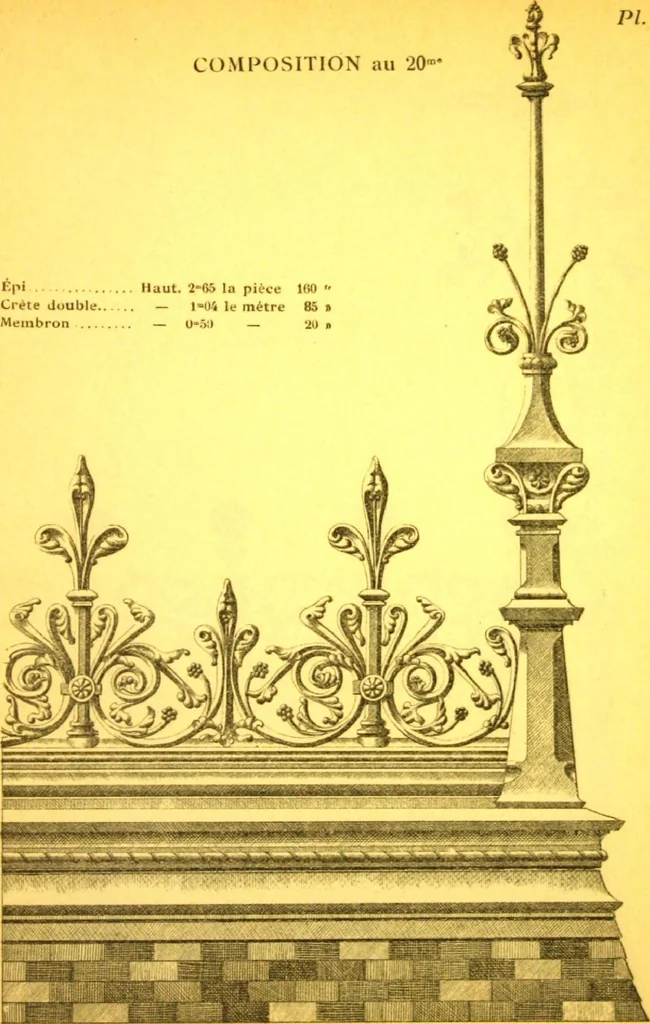 An illustration from Ornements pour l'architecture en zinc, cuivre, tole & plomb : travaux d'art sur dessins croquis & devis., 1912, leaf 64