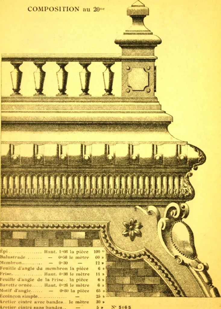 An illustration from Ornements pour l'architecture en zinc, cuivre, tole & plomb : travaux d'art sur dessins croquis & devis., 1912, leaf 68