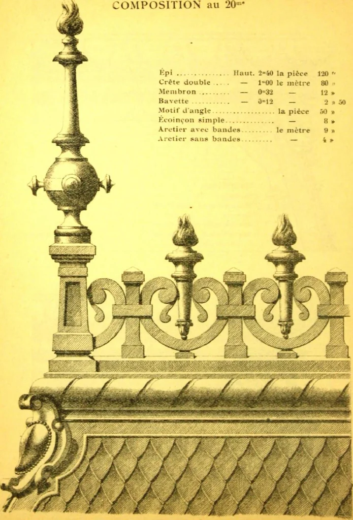 An illustration from Ornements pour l'architecture en zinc, cuivre, tole & plomb : travaux d'art sur dessins croquis & devis., 1912, leaf 73