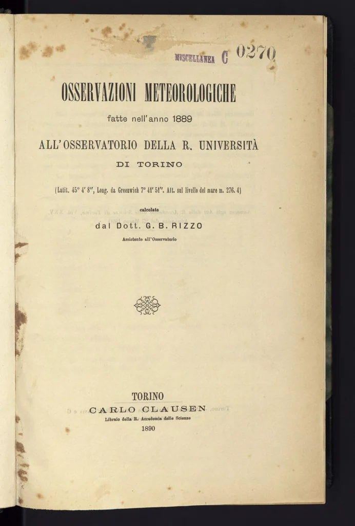 An illustration from Osservazioni meteorologiche fatte nell'anno 1889 all'Osservatorio della Regia Università di Torino, 1889, leaf 0