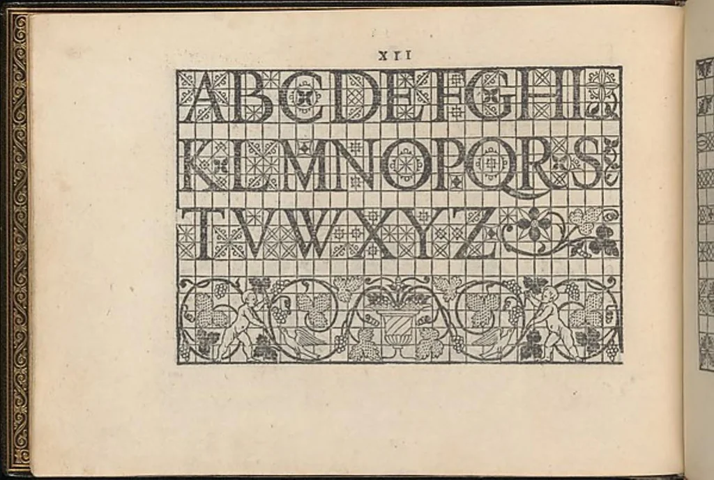 An illustration from La vera perfettione del disegno di varie sorti di ricami,di cucire ogni sorte di puntifogliami, punti tagliati, puntifili,rimessi, punti incrociati, puntistuora,ogn'altra arrte [!] che dia operadisegni. Fatto nuovamente per Giovanni Ostaus., 1567, leaf 10