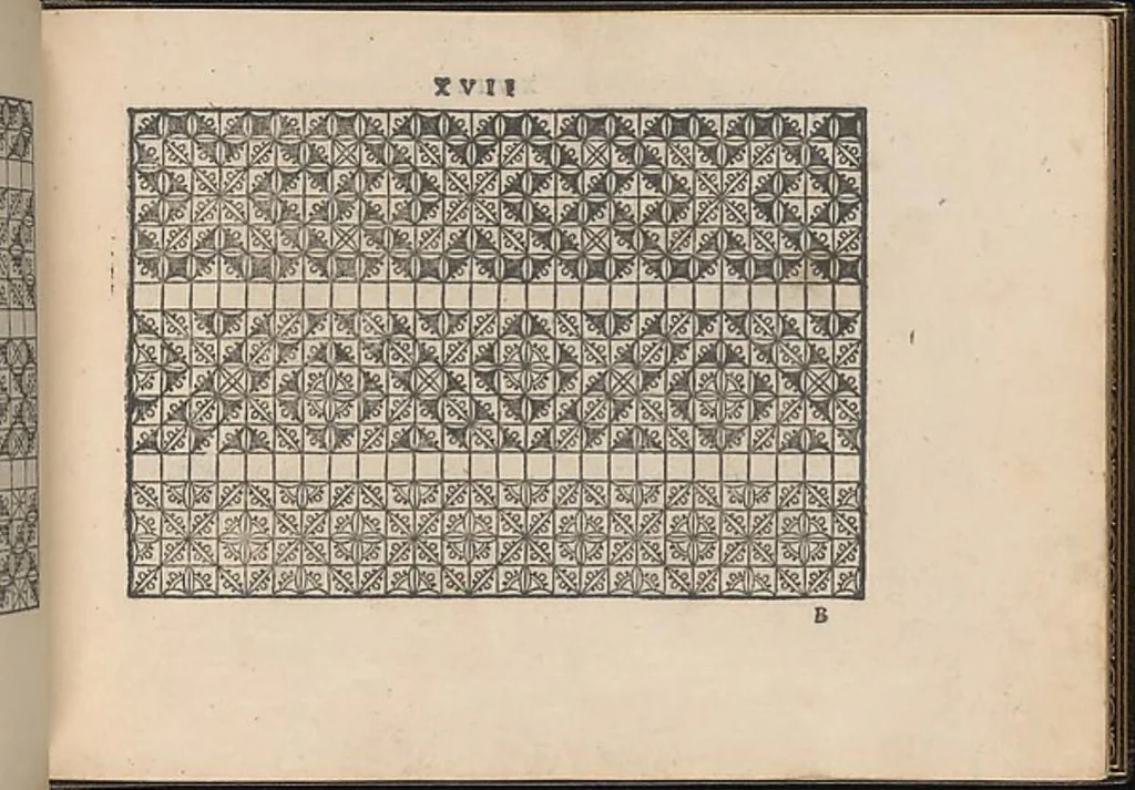 An illustration from La vera perfettione del disegno di varie sorti di ricami,di cucire ogni sorte di puntifogliami, punti tagliati, puntifili,rimessi, punti incrociati, puntistuora,ogn'altra arrte [!] che dia operadisegni. Fatto nuovamente per Giovanni Ostaus., 1567, leaf 15
