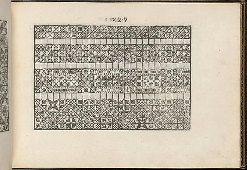 An illustration from La vera perfettione del disegno di varie sorti di ricami,di cucire ogni sorte di puntifogliami, punti tagliati, puntifili,rimessi, punti incrociati, puntistuora,ogn'altra arrte [!] che dia operadisegni. Fatto nuovamente per Giovanni Ostaus., 1567, leaf 23