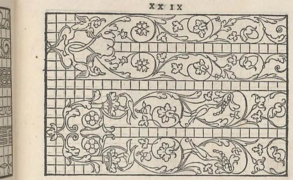 An illustration from La vera perfettione del disegno di varie sorti di ricami,di cucire ogni sorte di puntifogliami, punti tagliati, puntifili,rimessi, punti incrociati, puntistuora,ogn'altra arrte [!] che dia operadisegni. Fatto nuovamente per Giovanni Ostaus., 1567, leaf 27