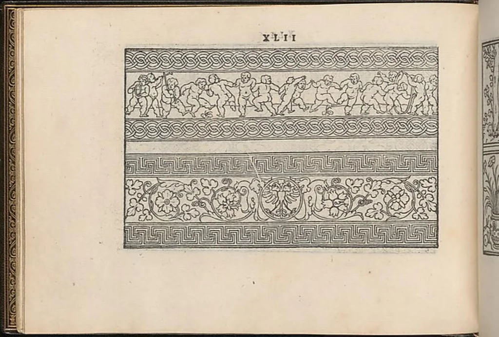An illustration from La vera perfettione del disegno di varie sorti di ricami,di cucire ogni sorte di puntifogliami, punti tagliati, puntifili,rimessi, punti incrociati, puntistuora,ogn'altra arrte [!] che dia operadisegni. Fatto nuovamente per Giovanni Ostaus., 1567, leaf 40