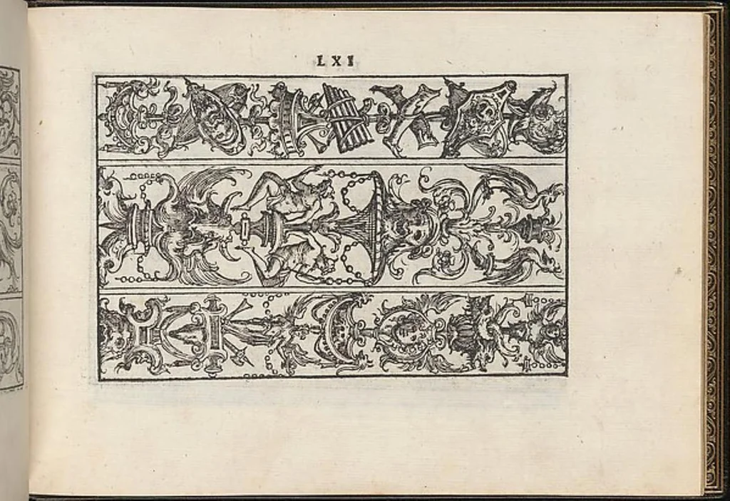 An illustration from La vera perfettione del disegno di varie sorti di ricami,di cucire ogni sorte di puntifogliami, punti tagliati, puntifili,rimessi, punti incrociati, puntistuora,ogn'altra arrte [!] che dia operadisegni. Fatto nuovamente per Giovanni Ostaus., 1567, leaf 59