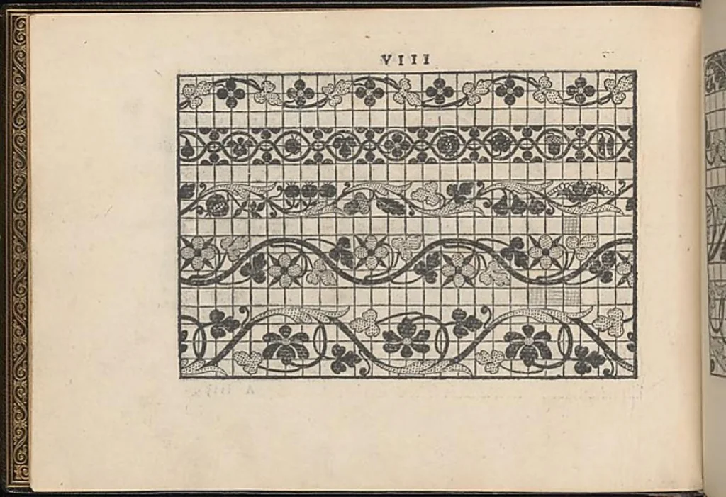 An illustration from La vera perfettione del disegno di varie sorti di ricami,di cucire ogni sorte di puntifogliami, punti tagliati, puntifili,rimessi, punti incrociati, puntistuora,ogn'altra arrte [!] che dia operadisegni. Fatto nuovamente per Giovanni Ostaus., 1567, leaf 6