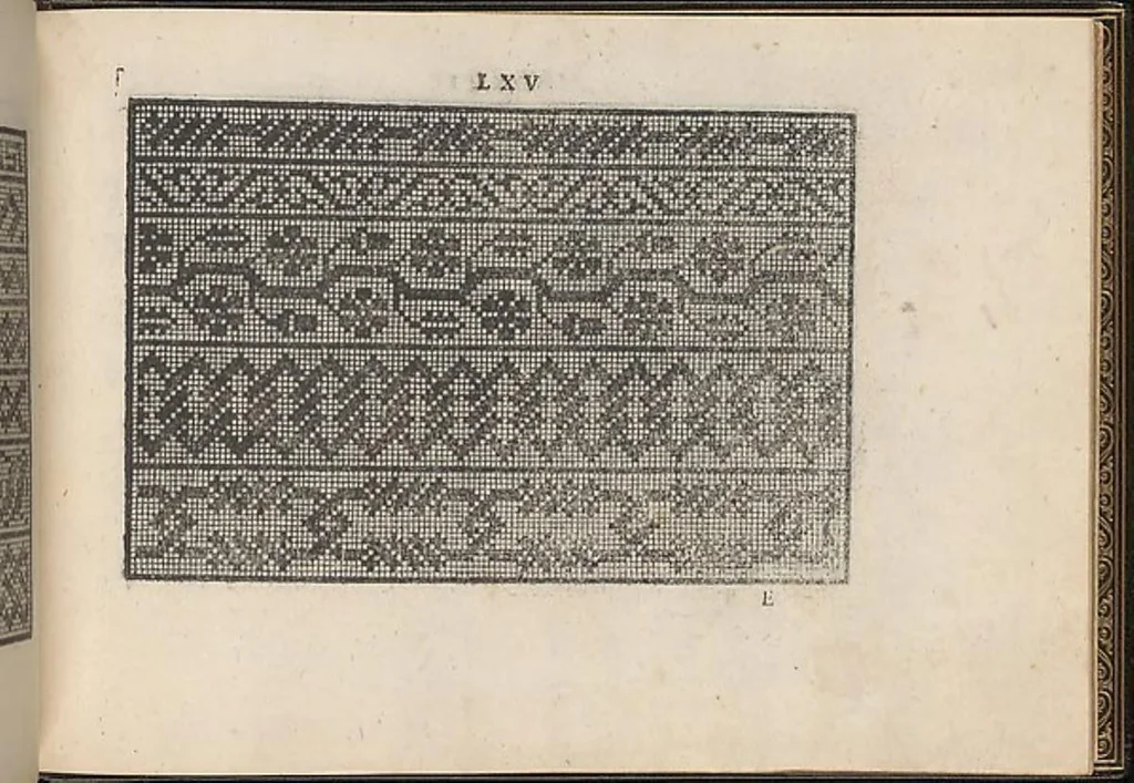 An illustration from La vera perfettione del disegno di varie sorti di ricami,di cucire ogni sorte di puntifogliami, punti tagliati, puntifili,rimessi, punti incrociati, puntistuora,ogn'altra arrte [!] che dia operadisegni. Fatto nuovamente per Giovanni Ostaus., 1567, leaf 63