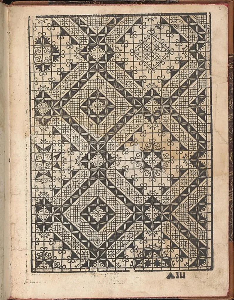 An illustration from Il spechio di pensieri delle belle et virtudiose donne dove si vede varie sorti de ponti cioe ponti taliati ponti groposi ponti in redeponti in stiora, 1546, leaf 1