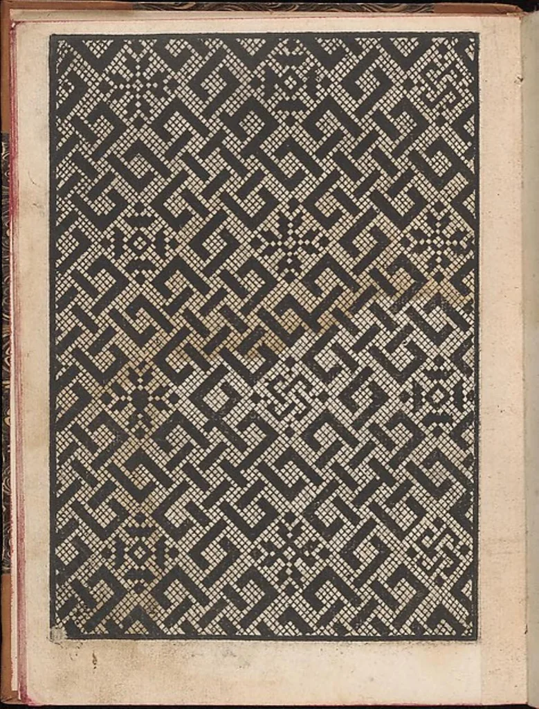 An illustration from Il spechio di pensieri delle belle et virtudiose donne dove si vede varie sorti de ponti cioe ponti taliati ponti groposi ponti in redeponti in stiora, 1546, leaf 10