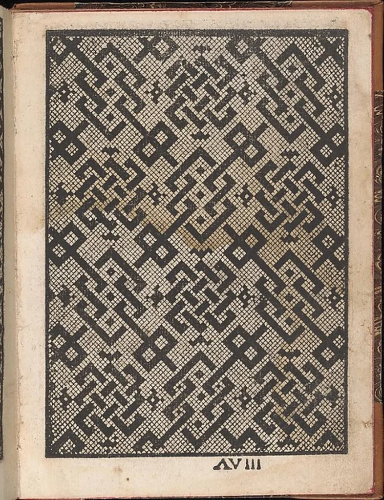 An illustration from Il spechio di pensieri delle belle et virtudiose donne dove si vede varie sorti de ponti cioe ponti taliati ponti groposi ponti in redeponti in stiora, 1546, leaf 11