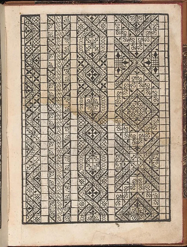 An illustration from Il spechio di pensieri delle belle et virtudiose donne dove si vede varie sorti de ponti cioe ponti taliati ponti groposi ponti in redeponti in stiora, 1546, leaf 13