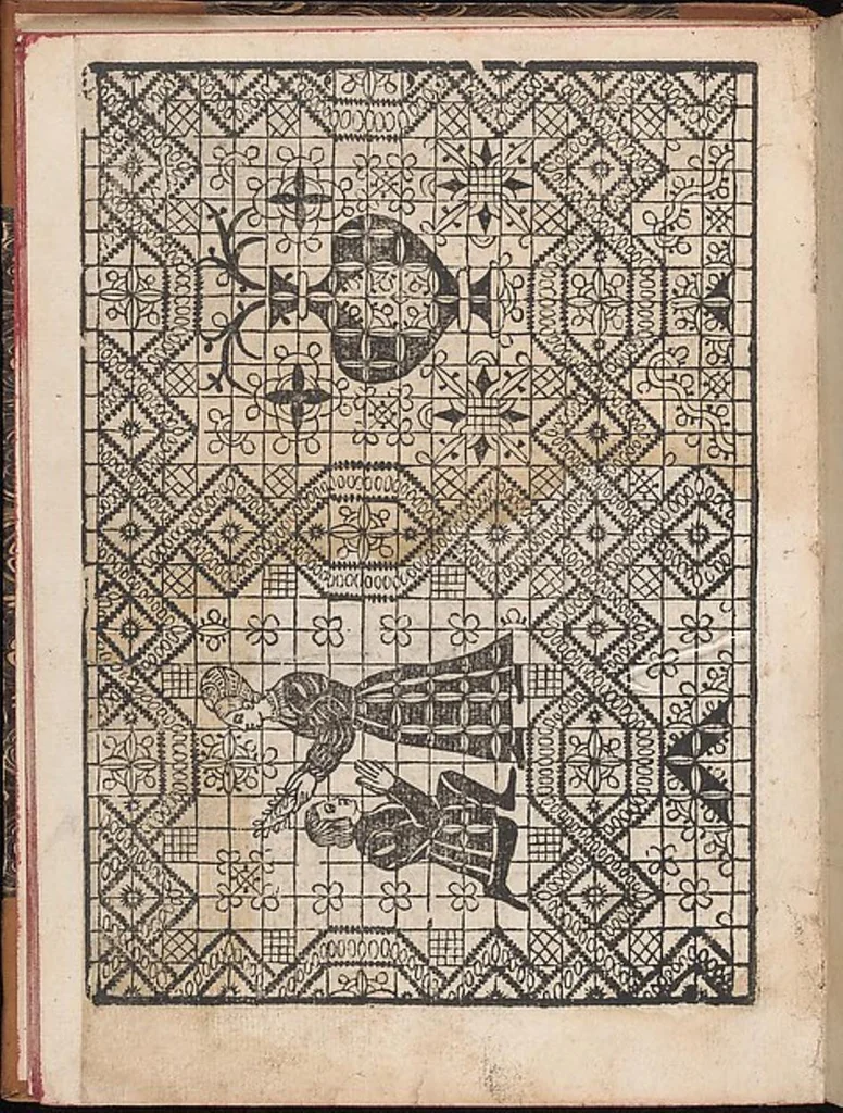 An illustration from Il spechio di pensieri delle belle et virtudiose donne dove si vede varie sorti de ponti cioe ponti taliati ponti groposi ponti in redeponti in stiora, 1546, leaf 14