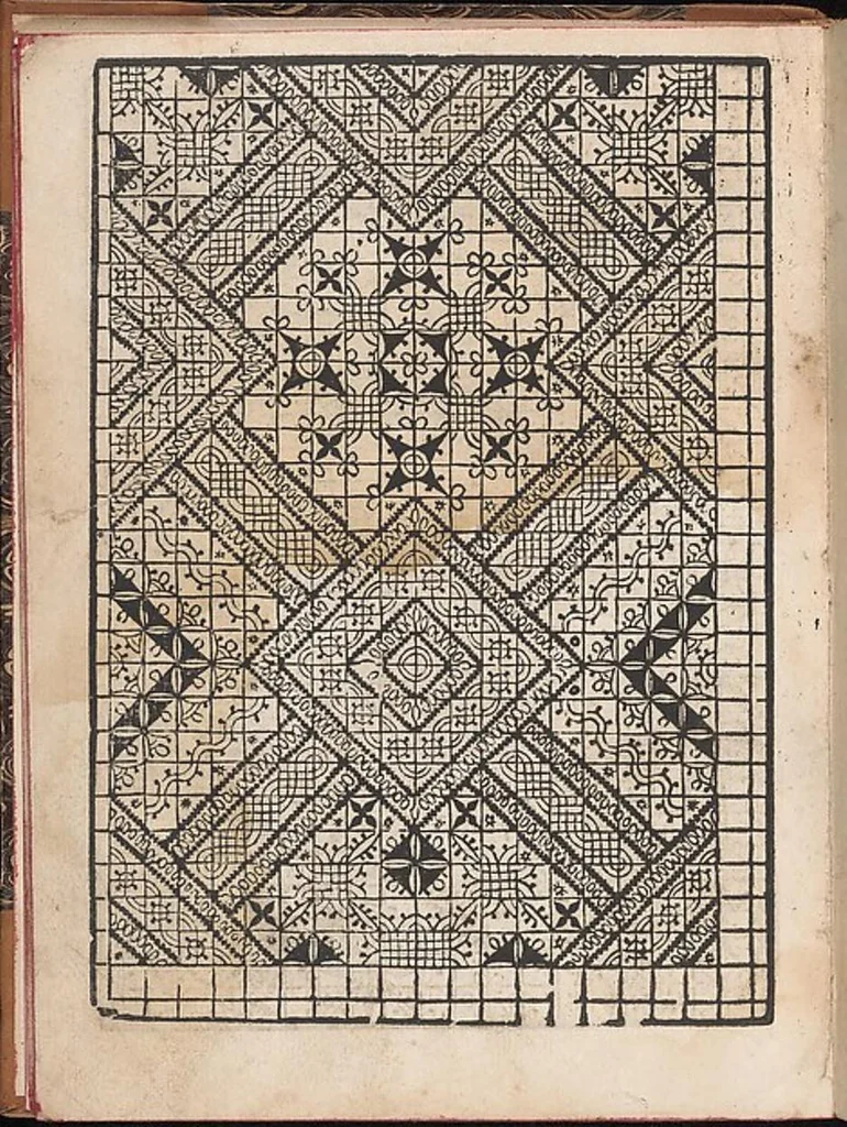 An illustration from Il spechio di pensieri delle belle et virtudiose donne dove si vede varie sorti de ponti cioe ponti taliati ponti groposi ponti in redeponti in stiora, 1546, leaf 16