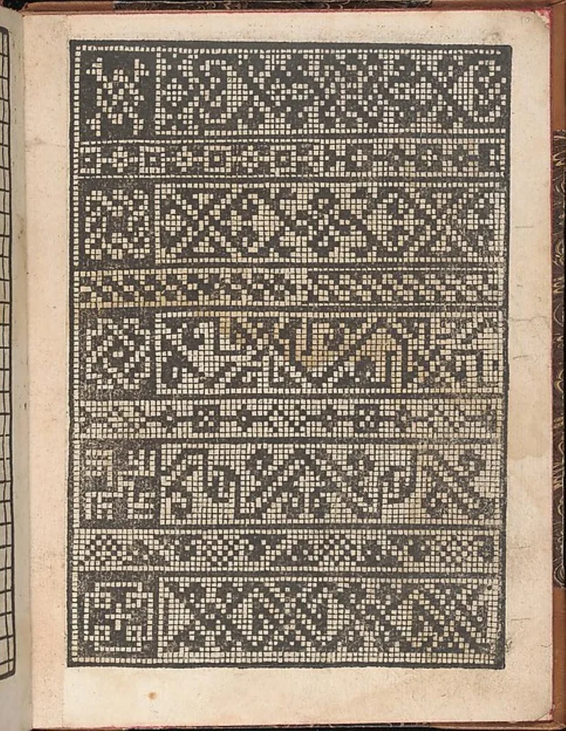 An illustration from Il spechio di pensieri delle belle et virtudiose donne dove si vede varie sorti de ponti cioe ponti taliati ponti groposi ponti in redeponti in stiora, 1546, leaf 17