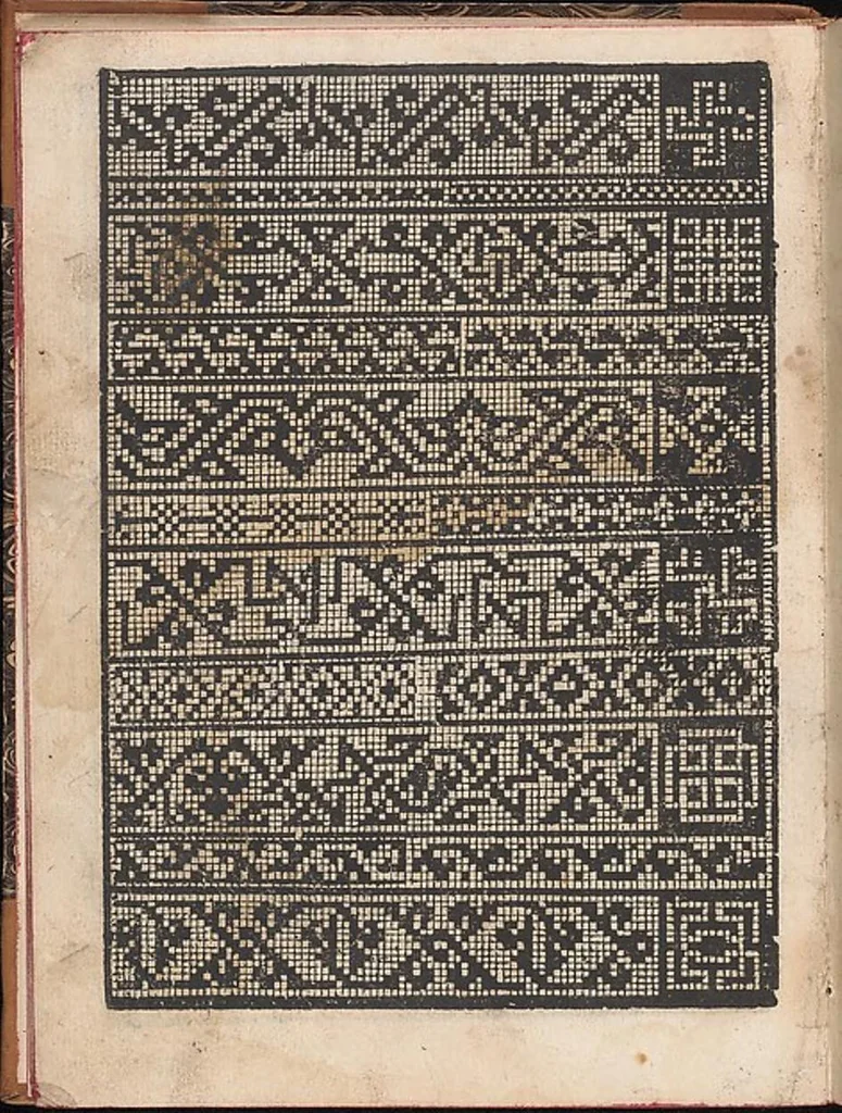 An illustration from Il spechio di pensieri delle belle et virtudiose donne dove si vede varie sorti de ponti cioe ponti taliati ponti groposi ponti in redeponti in stiora, 1546, leaf 18