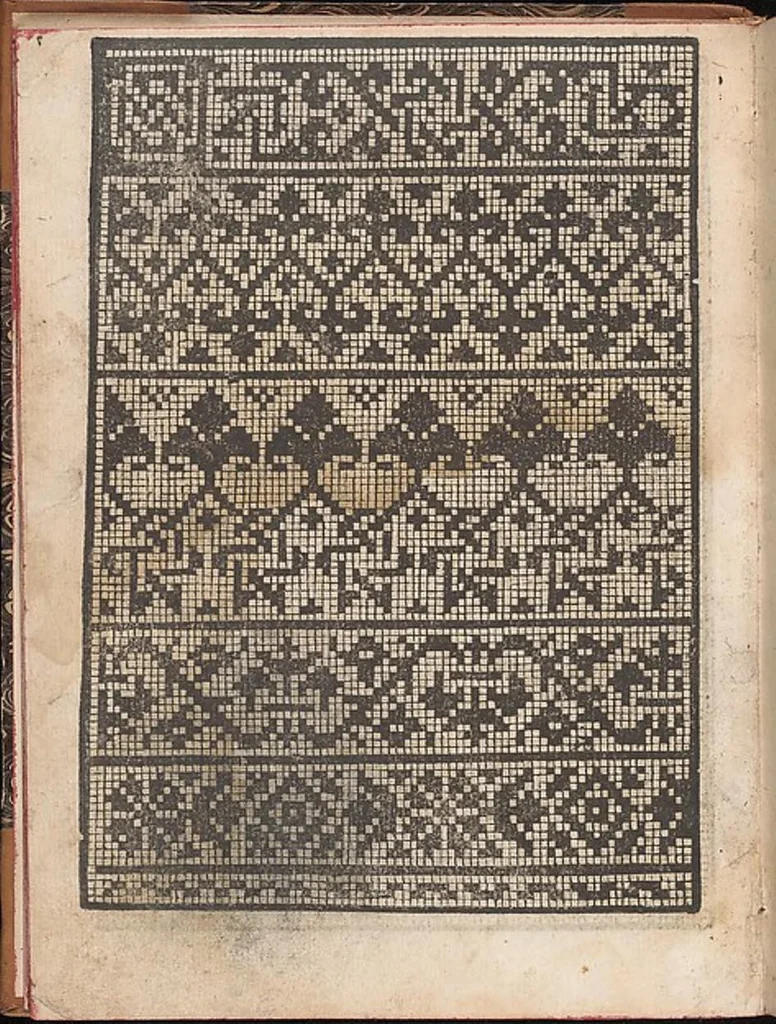 An illustration from Il spechio di pensieri delle belle et virtudiose donne dove si vede varie sorti de ponti cioe ponti taliati ponti groposi ponti in redeponti in stiora, 1546, leaf 20