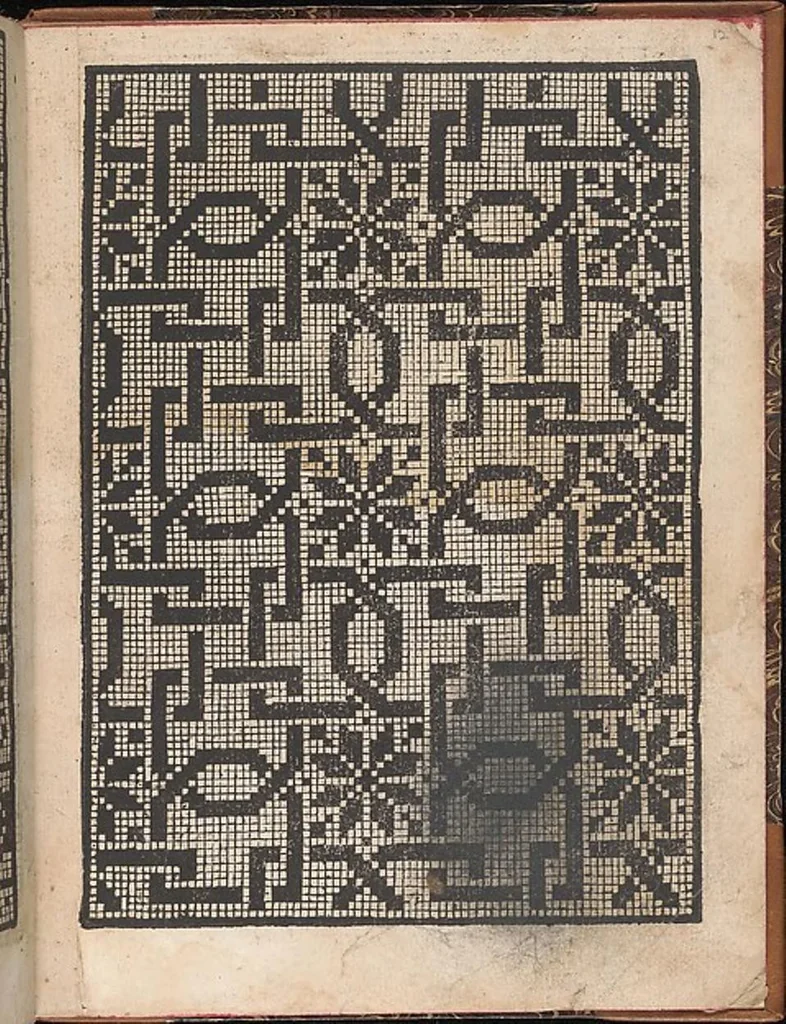 An illustration from Il spechio di pensieri delle belle et virtudiose donne dove si vede varie sorti de ponti cioe ponti taliati ponti groposi ponti in redeponti in stiora, 1546, leaf 21