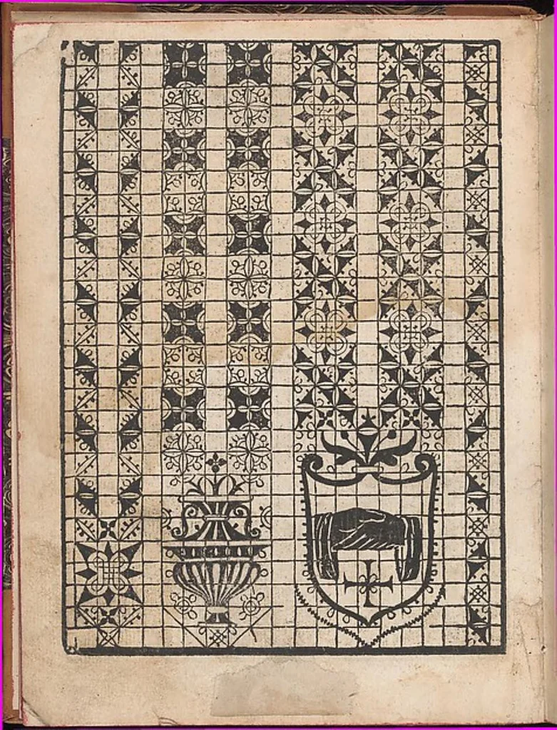 An illustration from Il spechio di pensieri delle belle et virtudiose donne dove si vede varie sorti de ponti cioe ponti taliati ponti groposi ponti in redeponti in stiora, 1546, leaf 24
