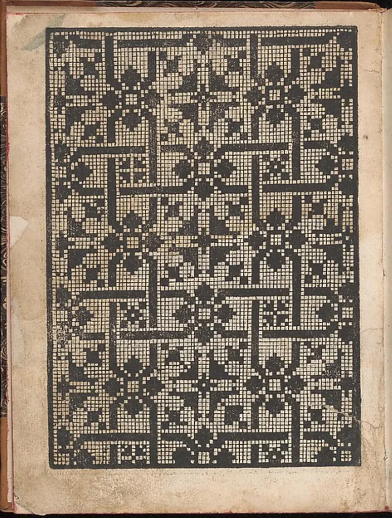 An illustration from Il spechio di pensieri delle belle et virtudiose donne dove si vede varie sorti de ponti cioe ponti taliati ponti groposi ponti in redeponti in stiora, 1546, leaf 26