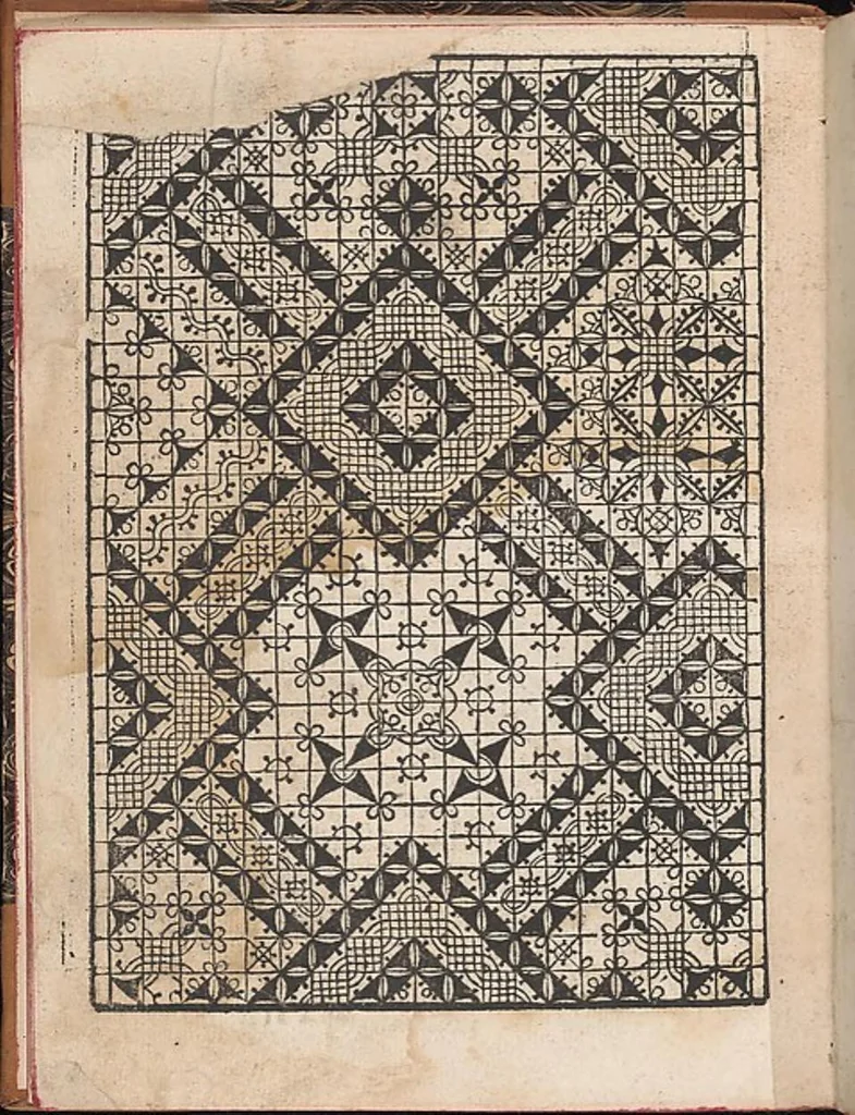 An illustration from Il spechio di pensieri delle belle et virtudiose donne dove si vede varie sorti de ponti cioe ponti taliati ponti groposi ponti in redeponti in stiora, 1546, leaf 4