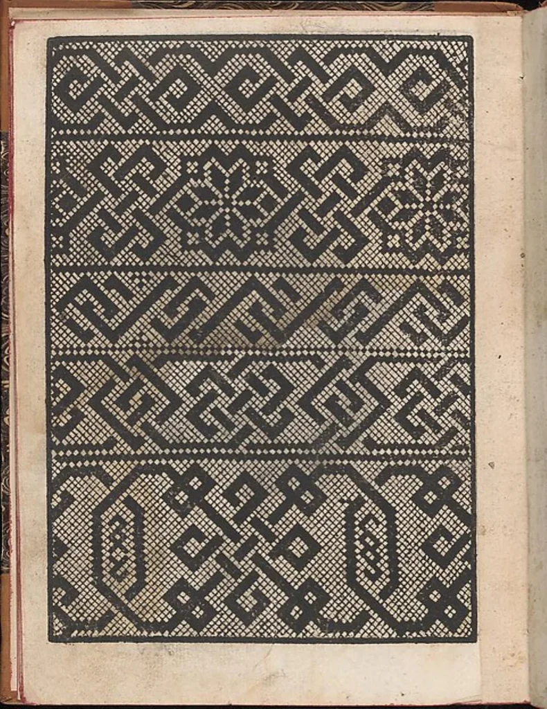 An illustration from Il spechio di pensieri delle belle et virtudiose donne dove si vede varie sorti de ponti cioe ponti taliati ponti groposi ponti in redeponti in stiora, 1546, leaf 6