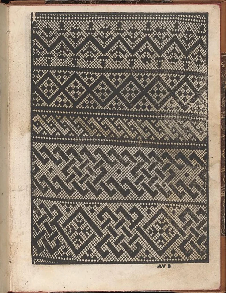 An illustration from Il spechio di pensieri delle belle et virtudiose donne dove si vede varie sorti de ponti cioe ponti taliati ponti groposi ponti in redeponti in stiora, 1546, leaf 7