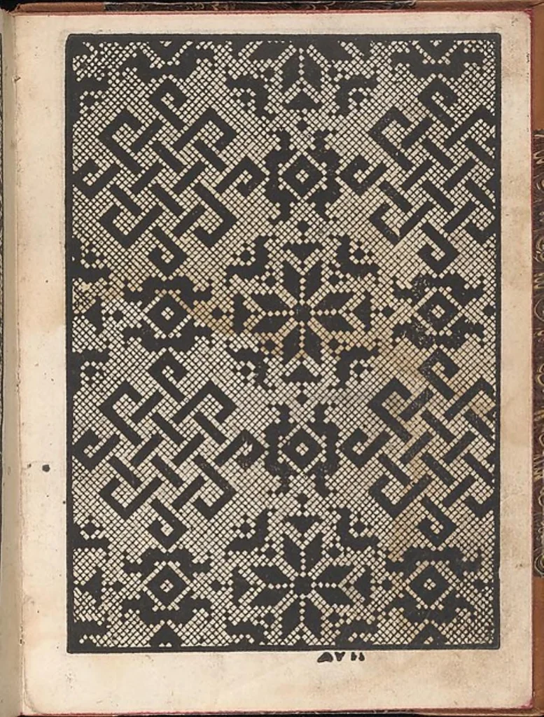 An illustration from Il spechio di pensieri delle belle et virtudiose donne dove si vede varie sorti de ponti cioe ponti taliati ponti groposi ponti in redeponti in stiora, 1546, leaf 9