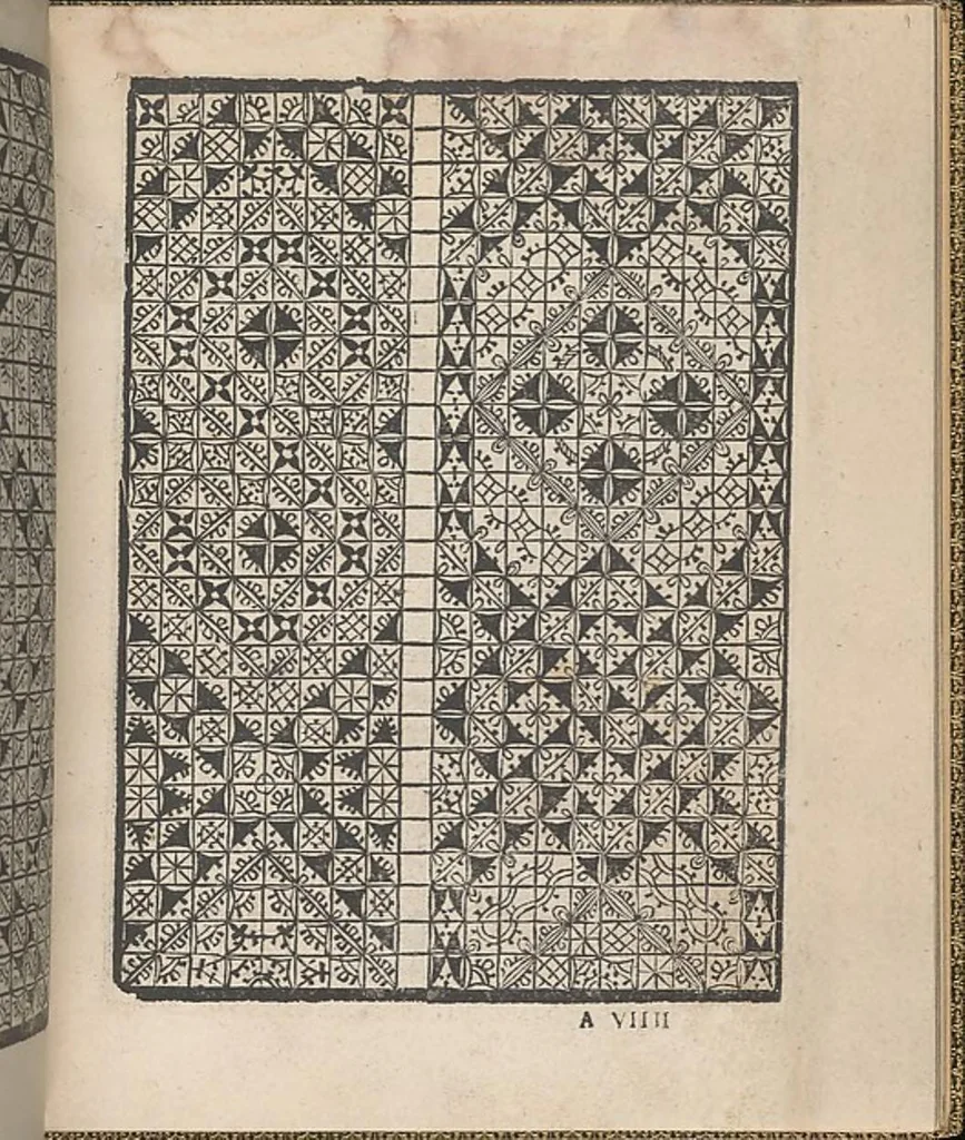 An illustration from Giardineto novo di punti tagliati et gropposi per exercitio & ornamento delle donne, 1554, leaf 16