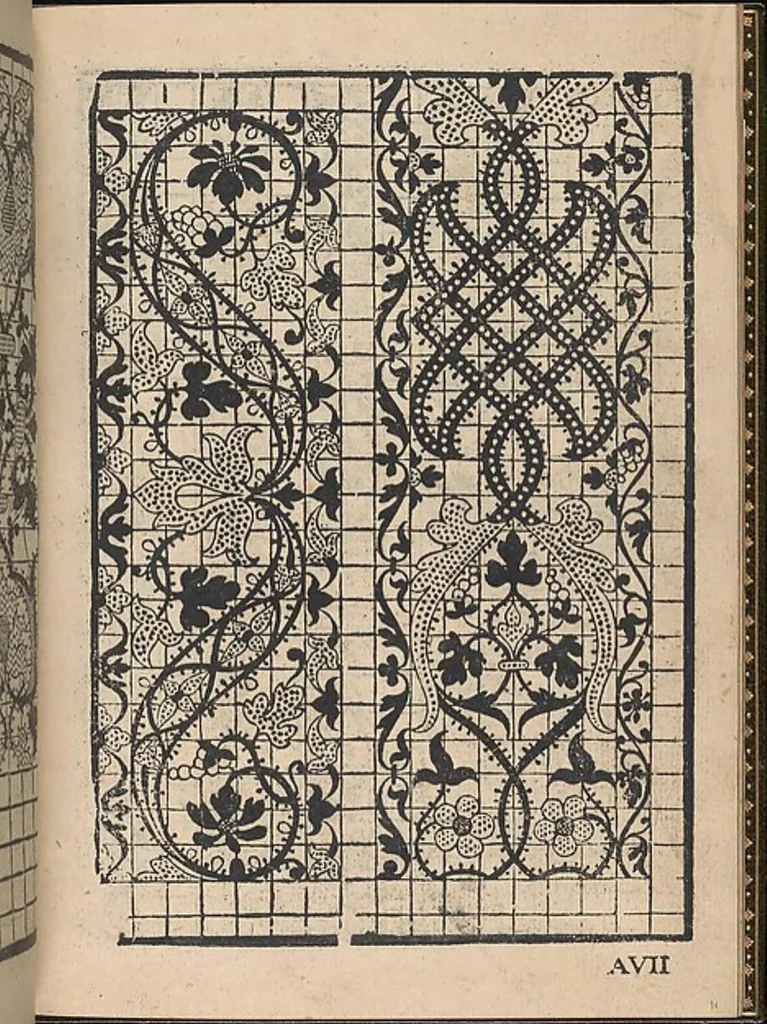 An illustration from La gloria et l'honore de ponti tagliati,ponti in aere. Opera nova,con somma diligenzia posta in luce, 1556, leaf 12