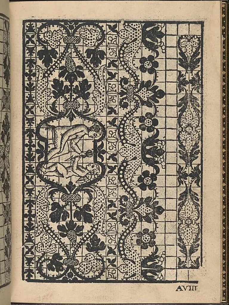 An illustration from La gloria et l'honore de ponti tagliati,ponti in aere. Opera nova,con somma diligenzia posta in luce, 1556, leaf 14