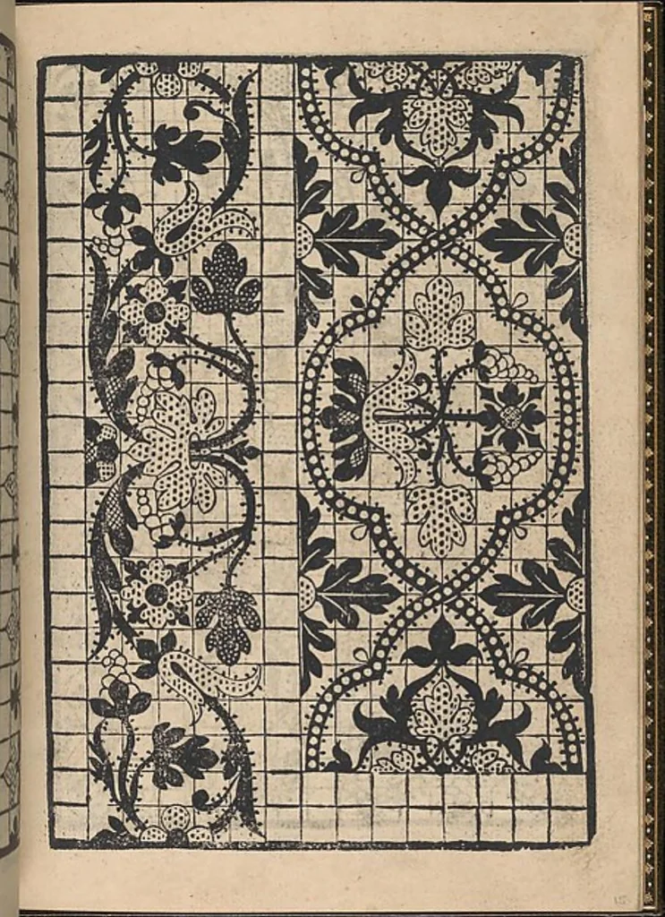 An illustration from La gloria et l'honore de ponti tagliati,ponti in aere. Opera nova,con somma diligenzia posta in luce, 1556, leaf 16