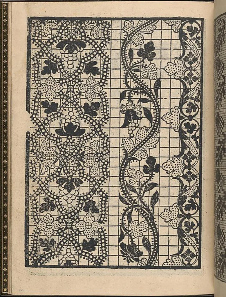 An illustration from La gloria et l'honore de ponti tagliati,ponti in aere. Opera nova,con somma diligenzia posta in luce, 1556, leaf 17