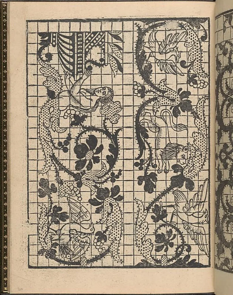 An illustration from La gloria et l'honore de ponti tagliati,ponti in aere. Opera nova,con somma diligenzia posta in luce, 1556, leaf 21