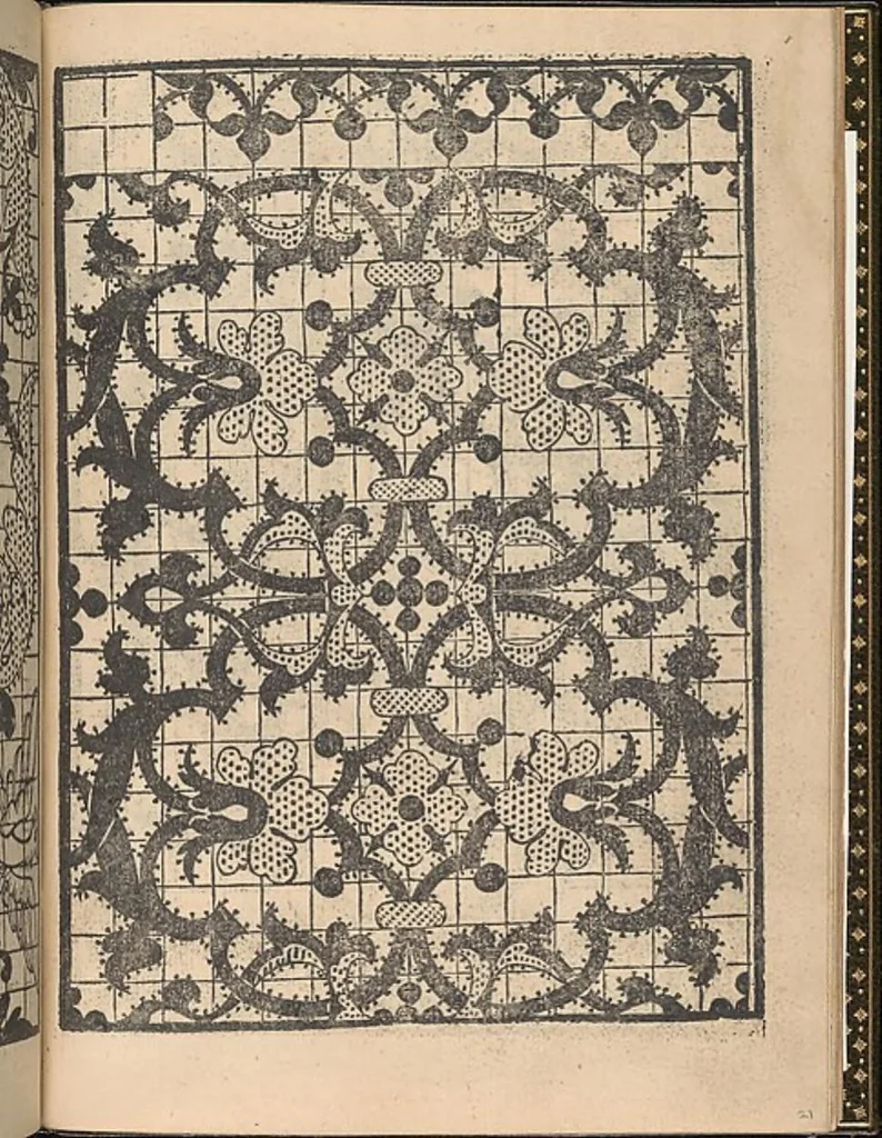 An illustration from La gloria et l'honore de ponti tagliati,ponti in aere. Opera nova,con somma diligenzia posta in luce, 1556, leaf 22