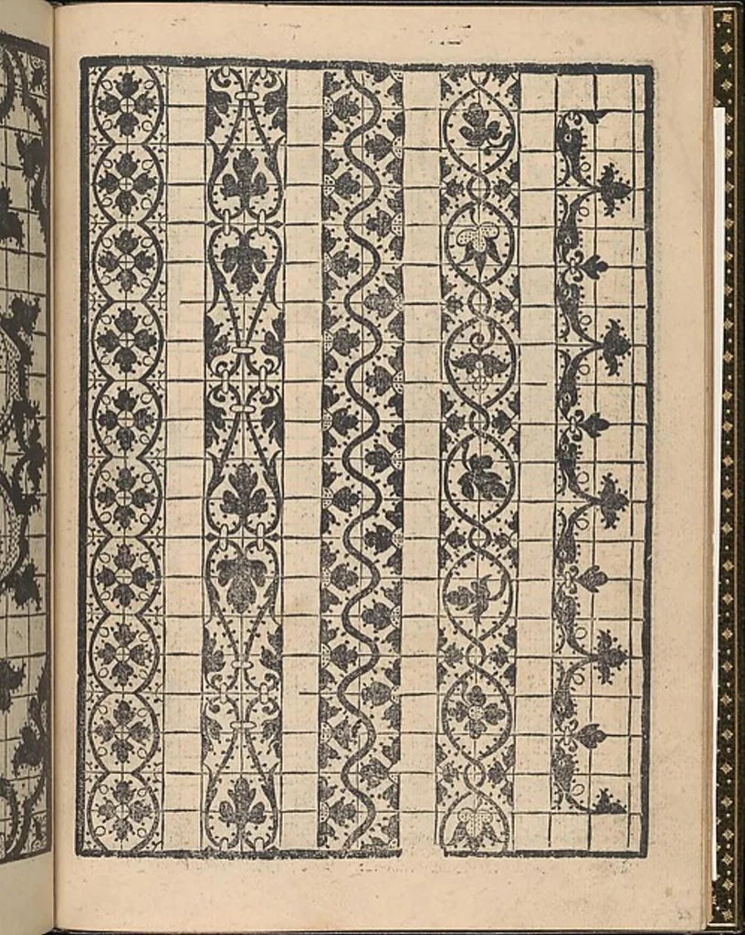 An illustration from La gloria et l'honore de ponti tagliati,ponti in aere. Opera nova,con somma diligenzia posta in luce, 1556, leaf 24