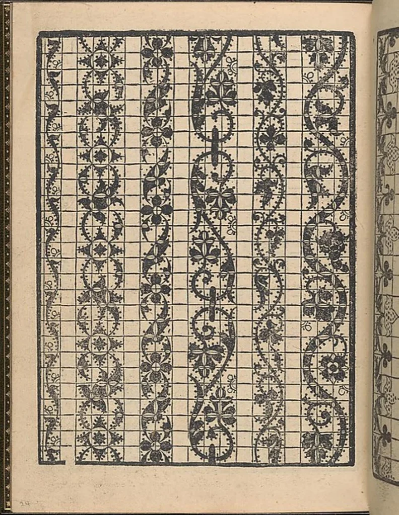 An illustration from La gloria et l'honore de ponti tagliati,ponti in aere. Opera nova,con somma diligenzia posta in luce, 1556, leaf 25