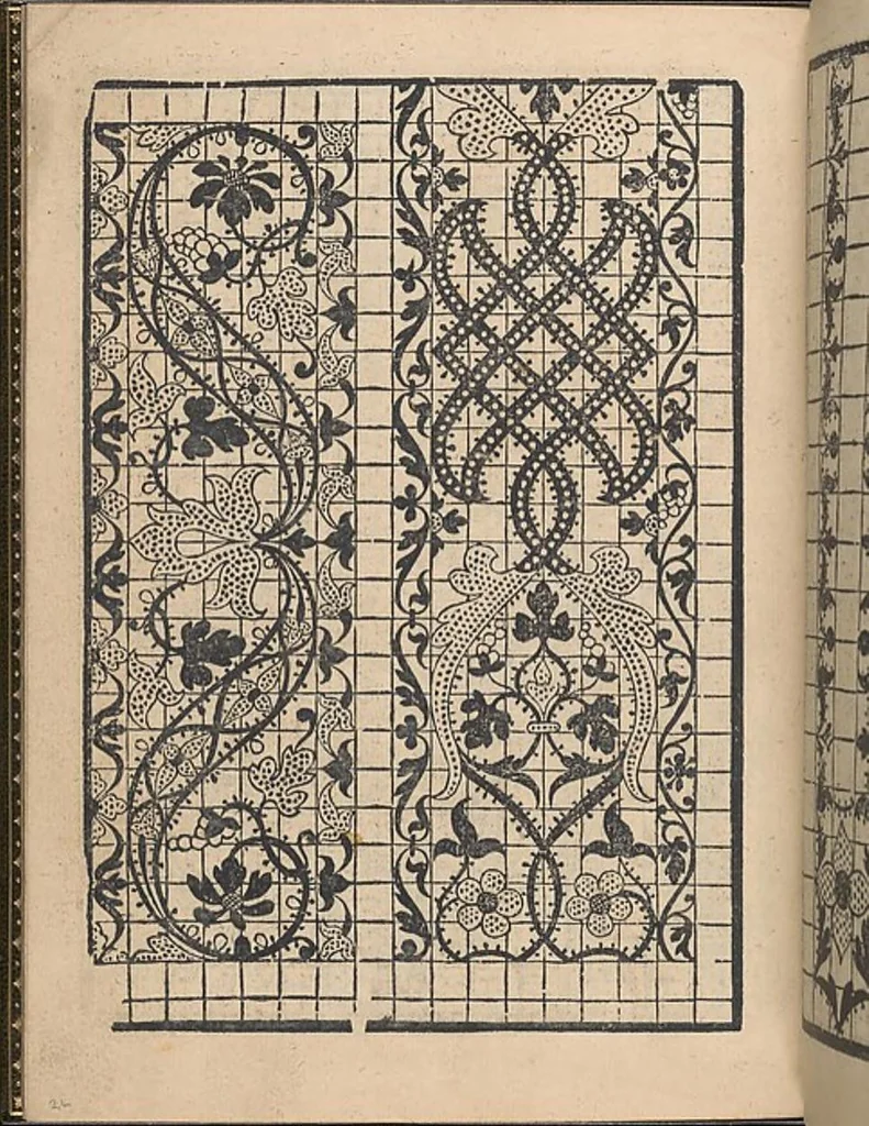 An illustration from La gloria et l'honore de ponti tagliati,ponti in aere. Opera nova,con somma diligenzia posta in luce, 1556, leaf 27
